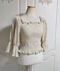 プリーツ スクエアネック ブラウス ウエストシャーリング (オフショルダー 兼用) フリル 半袖 デイリー