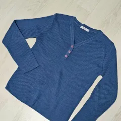 新品 Vネック リブ Tシャツ 青