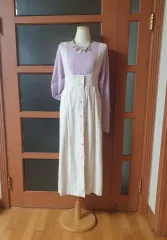 (ウォッシュ加工) ストライプ リネン ボタンアップ ビスチェ ロング丈ワンピース