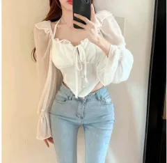 ホルターネック リボン スクエア オフショルダー 長袖 パフ シャーリング クロップド くるみボタン ブラウス