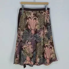 ヴィンテージ ウエスト紐 サイドジッパー プリンティング スカート ミディ丈 茶色 S ( HU22306 )