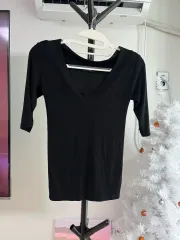 黒 Vネック 半袖 リブ Tシャツ