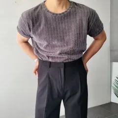 メンズ ベロア リブ セミ マッスルフィット 半袖 Tシャツ 5 カラー