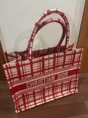(請求書付き) Dior(ディオール) ブックトート ミディアム 赤 チェック (珍しいデザイン)