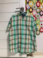 トミーヒルフィガー 色 カラー が良い 半袖 シャツ チェック柄 _ ジーン ライトグリーン オレンジ