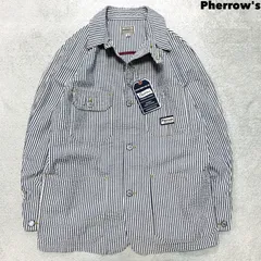 Pherrow's カバーオール ワークジャケット ヒッコリー ストライプ シアサッカー チェーン刺繍 チンストラップ 新品タグ付 サイズ38 ホワイト × インディゴブルー 白 青系 フェローズ