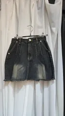 Sサイズ 510 前シャーリング 裾ダメージ フリンジ ウォッシュ デニム スカート