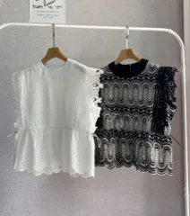 白ノースリーブ ブラックパフ 半袖 レースシャーリング フリル 夏 刺繍 ブラウス