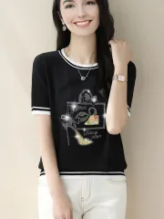 ラインストーン ポイント ラウンド ネック 半袖 Tシャツ