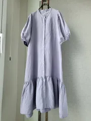 HELENE J リネン 100 % ビッグボリュームスリーブ フリルロングドレス