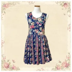 ヴィンテージ アンティーク フラワー ダークブルー プリーツ ノースリーブ ワンピース