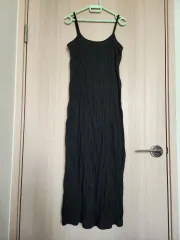 レディース キャミソール シャーリング ブラック ロング丈ワンピース