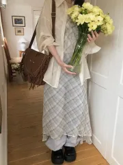 新品 VINVLE Vネック シフォン チェック Long ワンピース