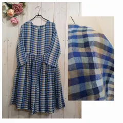 リネン 青 チェック柄ワンピース
