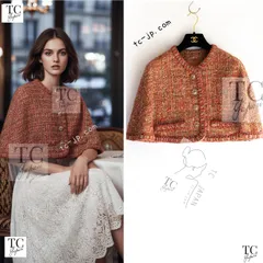 シャネル ポンチョ ケープ CHANEL 104万 オレンジ ブラウン ベージュ ツイード ジャケット カールラガーフェルド レア 超美品 34 36 38