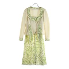 VALENTINO (ヴァレンティノ) イタリア製 花柄パターン ウエストリボン 2ピース ジャケット ワンピース セットアップ レディース アイボリー/グリーン B32C460