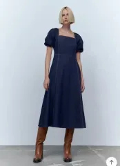 ZARA スクエアネック パフ デニム 半袖 ロング丈ワンピース ザラ