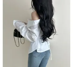 オフショルダー ストラップ 長袖 シャツ