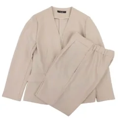 美品 Le souk ルスーク スーツ セットアップ ノーカラージャケット スラックス パンツスーツ ウエストゴム 11 ベージュ レディース 古着 中古 USED