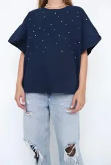 ZARA コットン ビーズ 装飾 トップス XS ( 55 ー 66 )