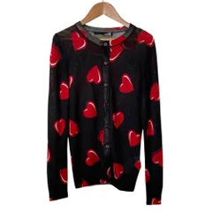 美品 Love Moschino ラブモスキーノ ハートプリント ニットカーディガン ブラック レッド レディース 古着 中古 USEDのサムネイル