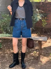 ハイウエスト ストレート 4分丈 デニム パンツ ハーフパンツ インディゴデニム 新品