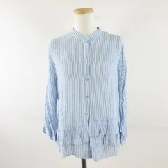 ザラ ベーシック ZARA BASIC シャツ ブラウス ストライプ 七分袖 青 白 S *A989