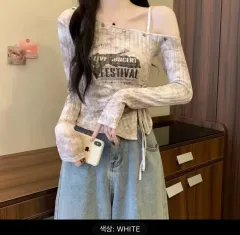 ギャル系 y2k オフショルダー 長袖 Tシャツ WHITE
