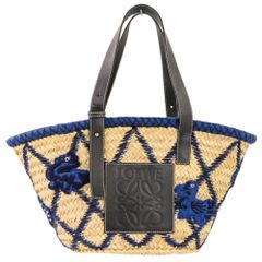 良品 LOEWE ロエベ BASKET ANIM ALS BAG アニマルモチーフ アナグラムパッチ バスケット トートバッグ かごバッグ ナチュラル ブルー レディース 古着 中古 USED