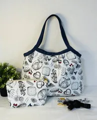 【裁縫ストア・ボヌール】大人かわいい　綿麻キャンバス焼きたてパン グレー　大きめ　ビッグサイズ　トートバッグ　グラニーバッグ　ポーチ　ショルダーバッグ　サコッシュ　ショルダーストラップ付き  リバーシブル　ハンドメイド/ №500-802