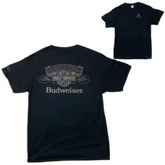 ハーレーダビッドソン クラフトビール バドワイザー コラボT ヴィンテージ バー&シールド Budweiser ロゴ バックプリント バイカーファッション L ブラック 黒 Tシャツ レディース ユニセックス メンズ 古着 半袖 CHM