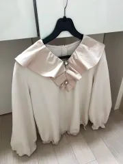 シャカシャカ素材 フリル ビック襟 シャーリング パフ 袖 スウェット Tシャツ アイボリー