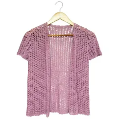 3489 ピンク クロシェ 編み物 半袖カーディガン