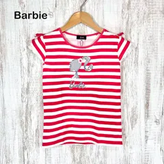 新品未使用 美品 Barbie バービー スパンコール ロゴ ボーダー 総柄 肩リボン レース Tシャツ ピンク キッズ 半袖 トップス