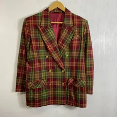 BRITISH チェック柄 ダブルブレスト テーラード ジャケット ウール 日本製 レトロ 古着 VINTAGE レッド グリーン Ｍ C774