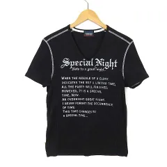 ニコルクラブフォーメン NICOLE CLUB FOR MEN Tシャツ 英字 ステッチ Vネック 半袖 M 46 黒 ブラック オフ白