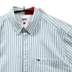 L TOMMY JEANS(トミー ジーンズ ) グレー & ホワイト ストライプ コットン 半袖シャツ