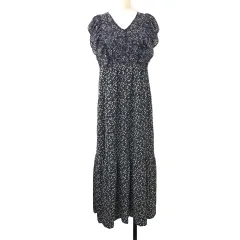 エムライン mline ワンピース フレア ロング 花柄 フレンチスリーブ F 黒 白 ブラック ホワイト