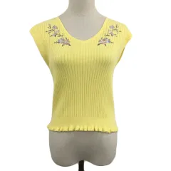 ジルバイジルスチュアート JILL by JILLSTUART カットソー ニット プルオーバー Vネック フリル リブ 刺繍 花柄 ショート フレンチスリーブ FR 黄 ピンク イエロー