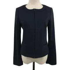 インディヴィ INDIVI V.A.I ジャケット ノーカラー 無地 スリット 長袖 38 紺 ネイビー