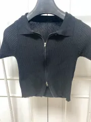 クロップド リブ 半袖 ニット ジップアップ 黒 2Way ジッパー スリム