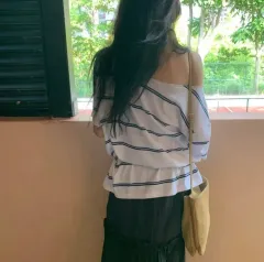 タグ o ) Maybebaby(メイビーベイビー) ストライプ オフショルダー Tシャツ 新品