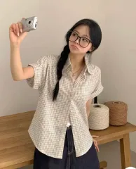 (新しい服) ヴィンテージ チェック ロールアップ ルーズフィット 半袖シャツ シャツ