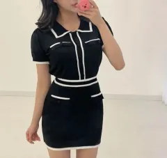 (新製品) 配色 パフ 半袖 ニット セットアップ セット