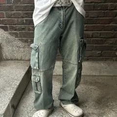 ヴィンテージ y2k ウォッシュ マルチポケット デニム ストレート カーゴパンツ