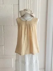 ヴィンテージ 夏 ライトイエロー ノースリーブ リボン Tシャツ ノースリーブ 森 アンティーク