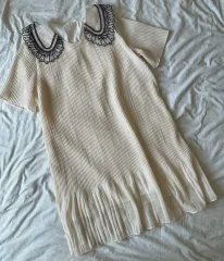 フリル カラ ピンタック シャーリング ベージュ プリーツ ONE PIECE