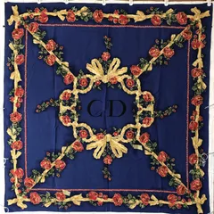 Christian Dior　ディオール　大判スカーフ　花柄　ブルー×マルチカラー　1396