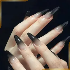 【新品】 Liberte555 ネイルチップ 黒 ロング つけ爪 ギャル 韓国 かわいい 地雷系 手作りブラック シンプル コギャル アーモンド (ブラック1, ロング) 0