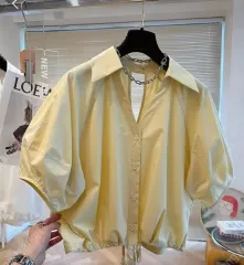 半袖コットンパフ夏シャツレディースシャーリングオーバーサイズブラウス